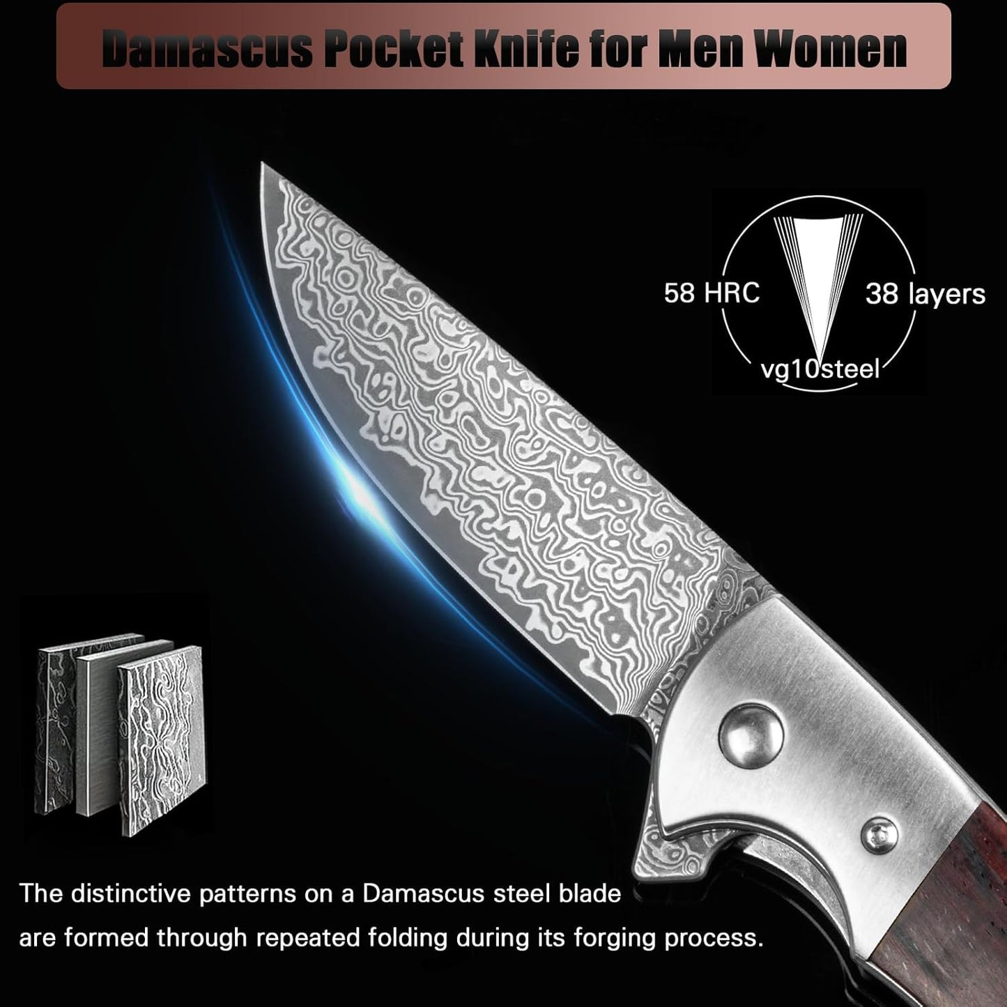Damascus 7" Folding Knife Rose Wood Handle