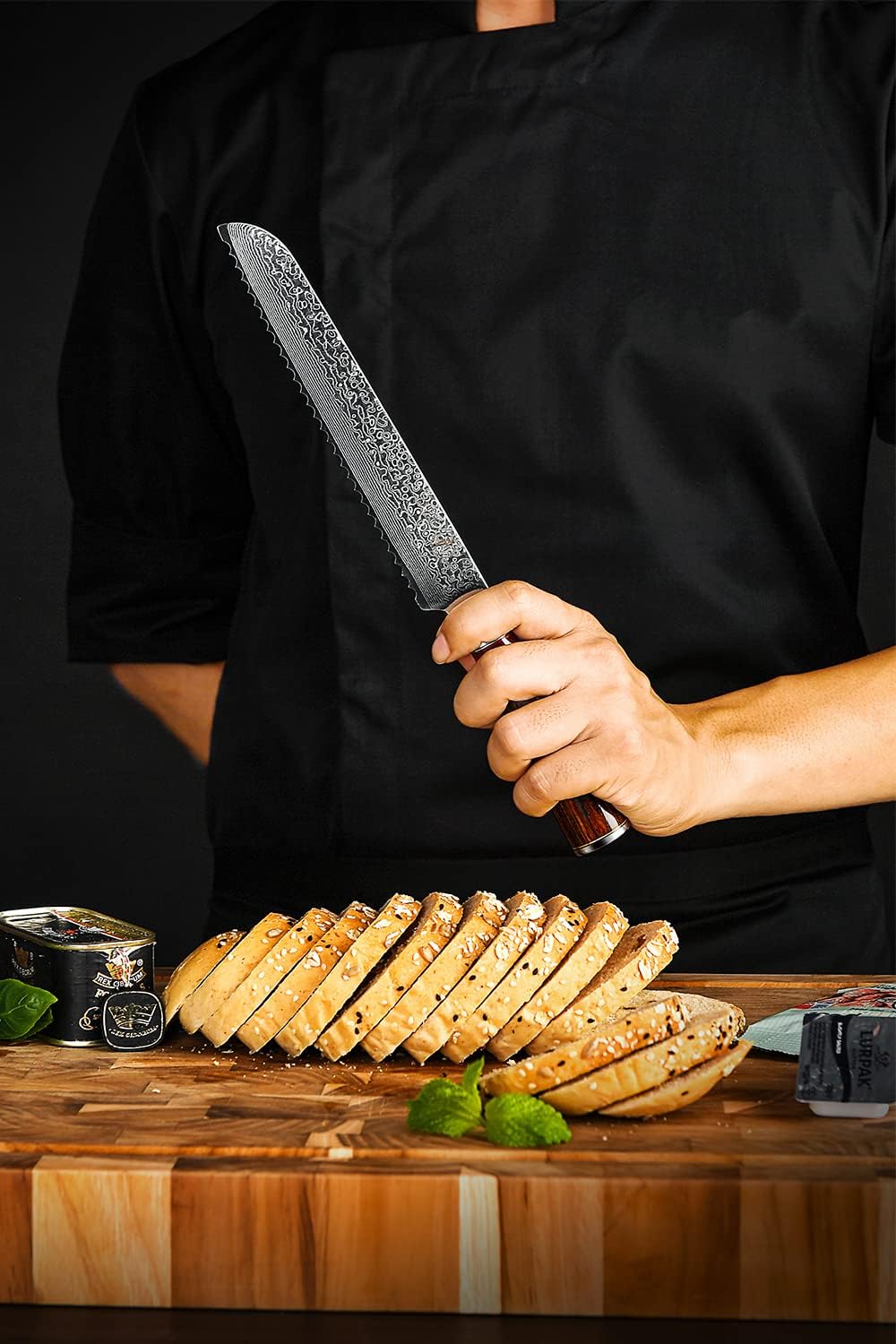 8" Serrated Bread Knife Engraved Damascus Pakka Wood Handle