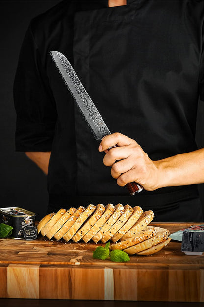 8" Serrated Bread Knife Engraved Damascus Pakka Wood Handle