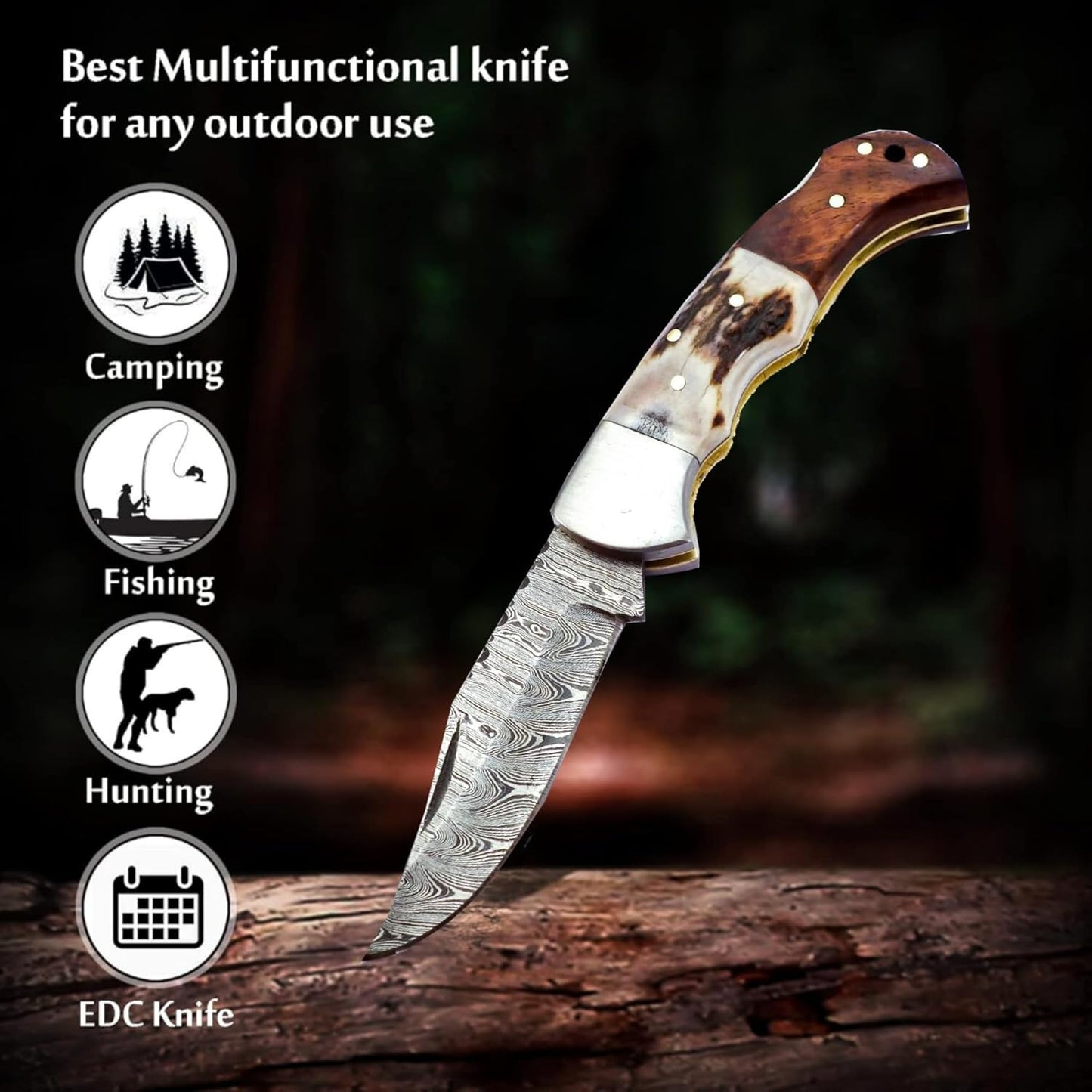 Deer Antler & Rosewood Handle 6.5" Damascus Pocket Knife