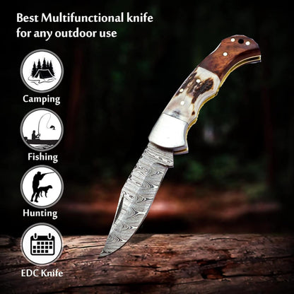 Deer Antler & Rosewood Handle 6.5" Damascus Pocket Knife