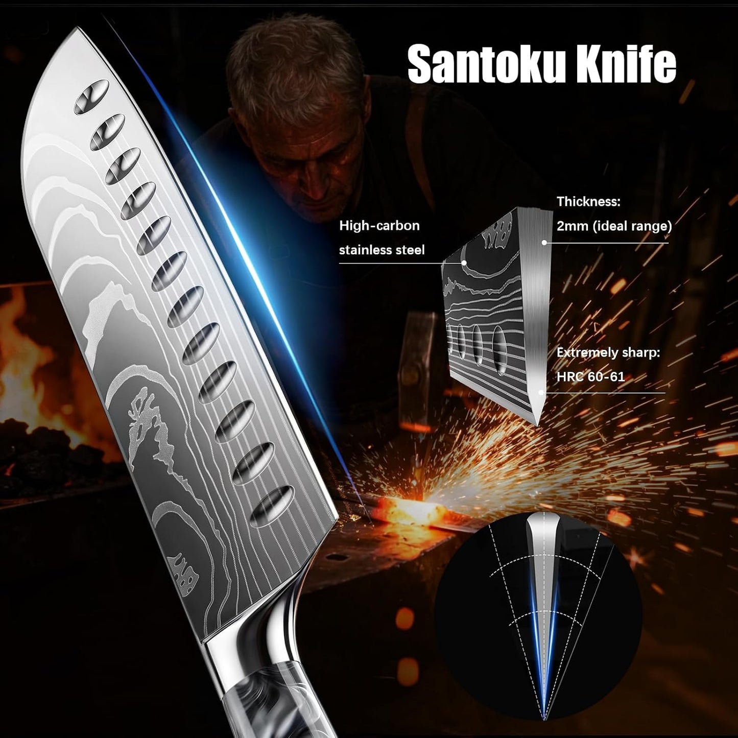 7 Inch Santoku Chef Knife with Black Resin Handle