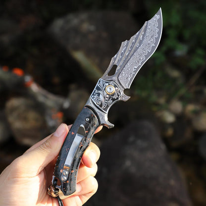 Gold Flake Damascus Pocket Knife Wave Pattern Engraved