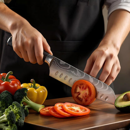7 Inch Santoku Chef Knife with Black Resin Handle