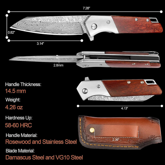 VG10 Damascus Pocket Knife Rose Wood Handle NR33