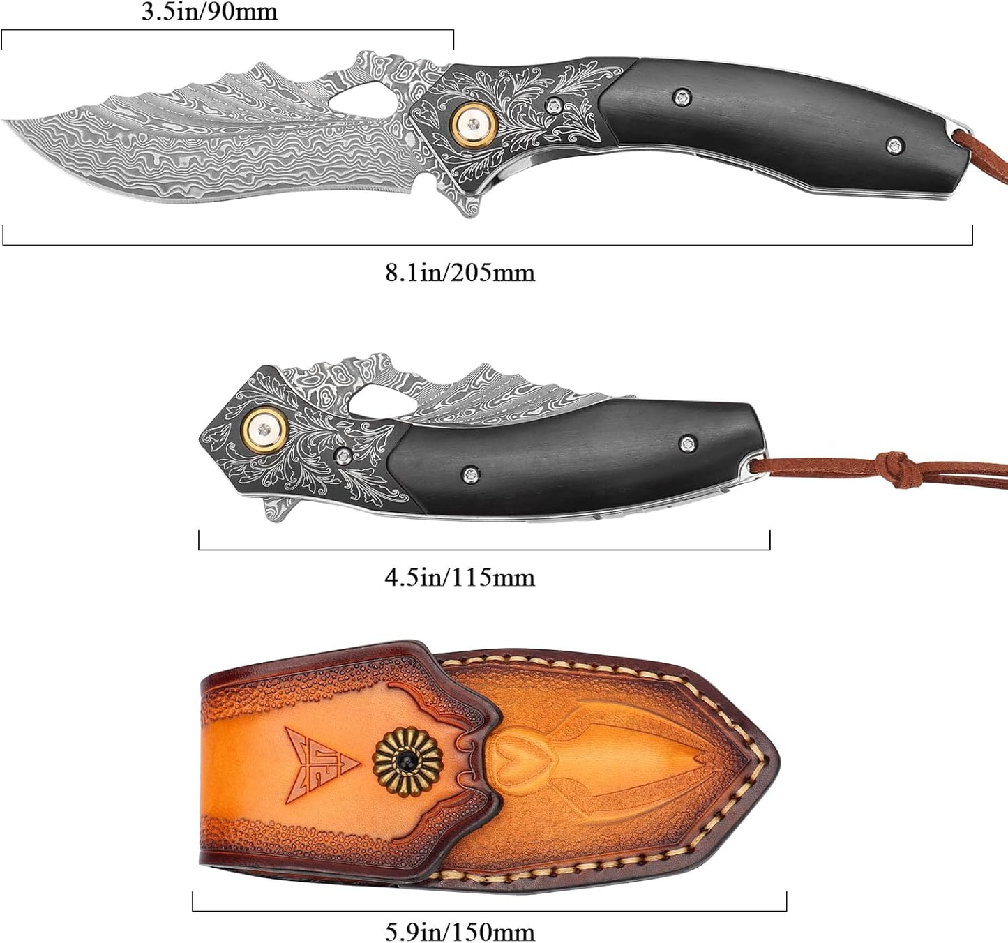Damascus Folding Knife: Ebony Wood Handle, Engraved Pocket Knife Personalized