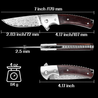 Damascus 7" Folding Knife Rose Wood Handle