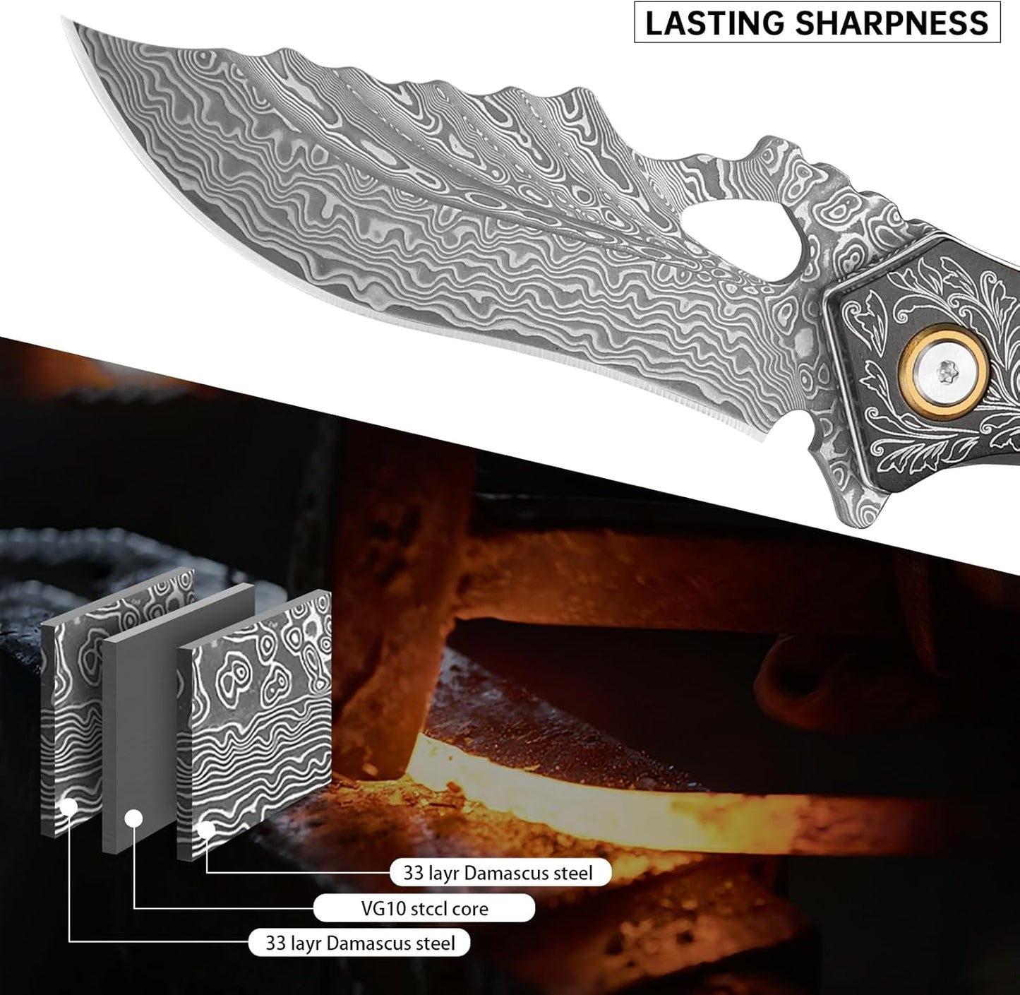 Damascus Folding Knife: Ebony Wood Handle, Engraved Pocket Knife Personalized