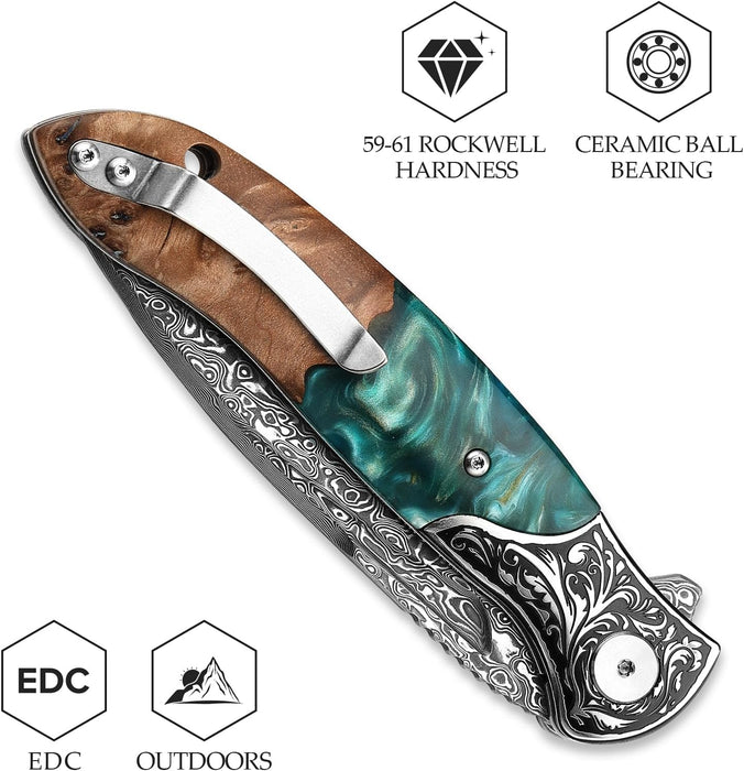 Engraved Damascus Pocket Knife | VG10 Personalized Folding Knife | Resin & Blue Rosewood Handle | Wedding Husband Anniversary Father Gift | NR43
