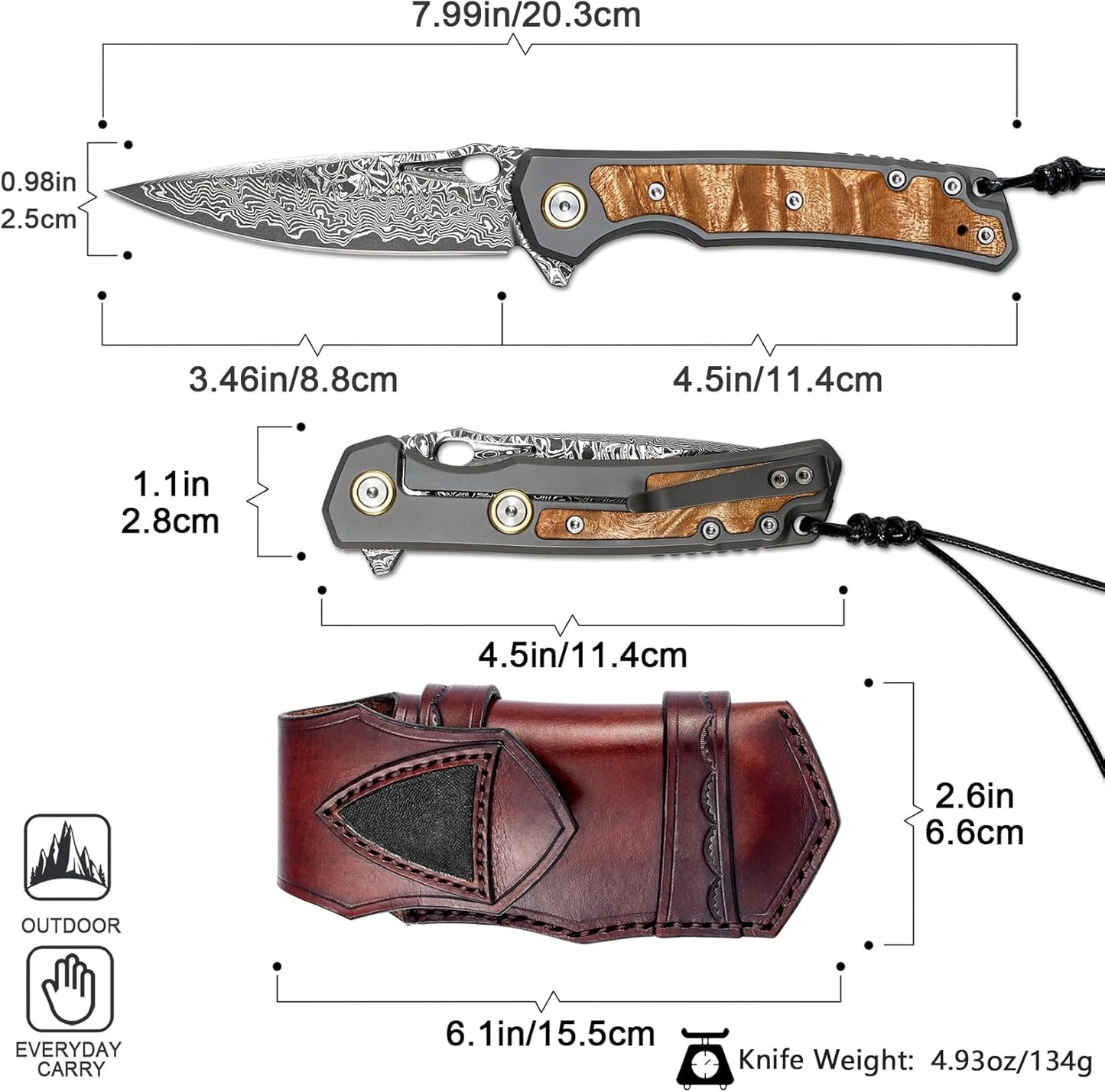 Maple Wood Inlay 3.46" Damascus Pocket Knife