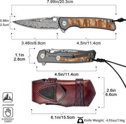 Maple Wood Inlay 3.46" Damascus Pocket Knife