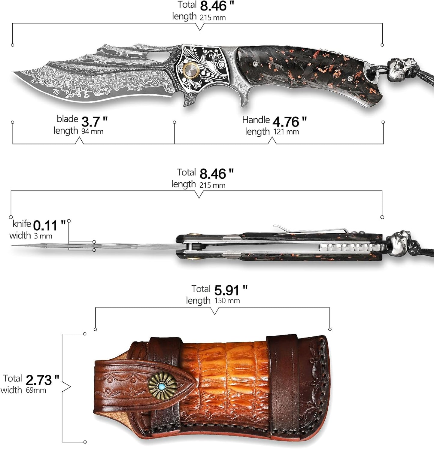 Gold Flake Damascus Pocket Knife Wave Pattern Engraved