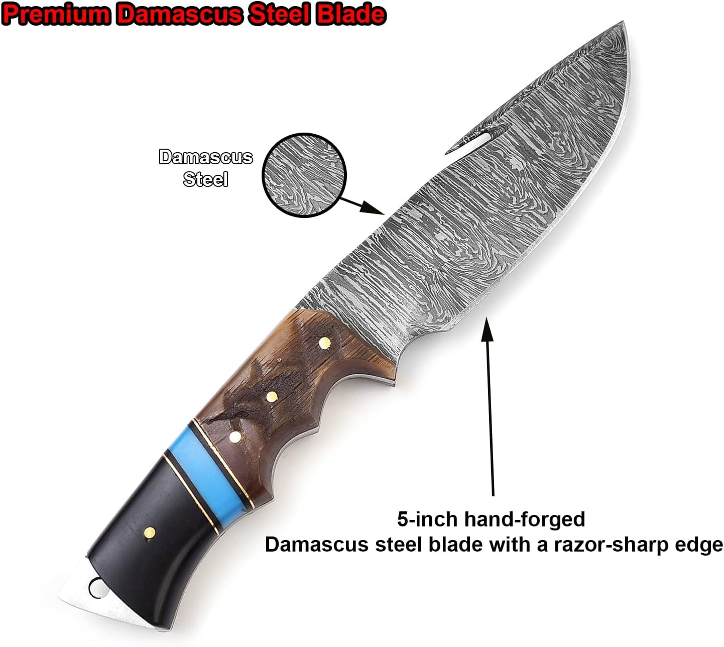 Ram Horn & Bull Horn Handle Damascus 9.5" Hunting Knife Blue Turquoise