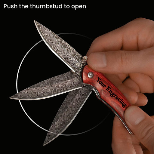 Small Damascus Pocket Folding Knife Walnut Wood Handle WK04 - North Rustic