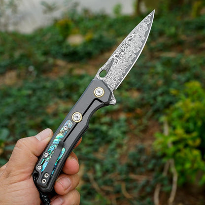 Engraved Damascus Pocket Knife - EDC Folding Knife with Abalone Handle