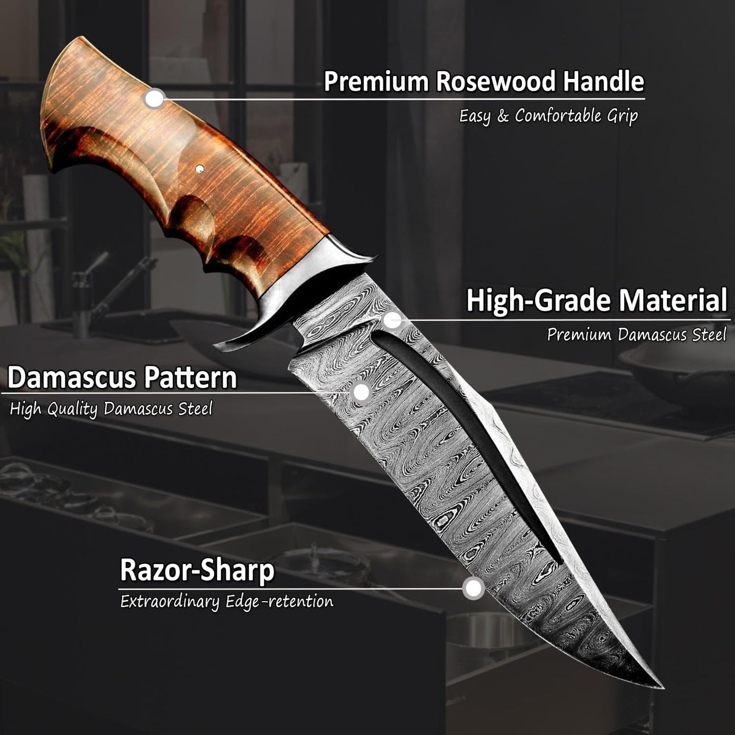 Burlwood Handle Damascus Hunting Knife
