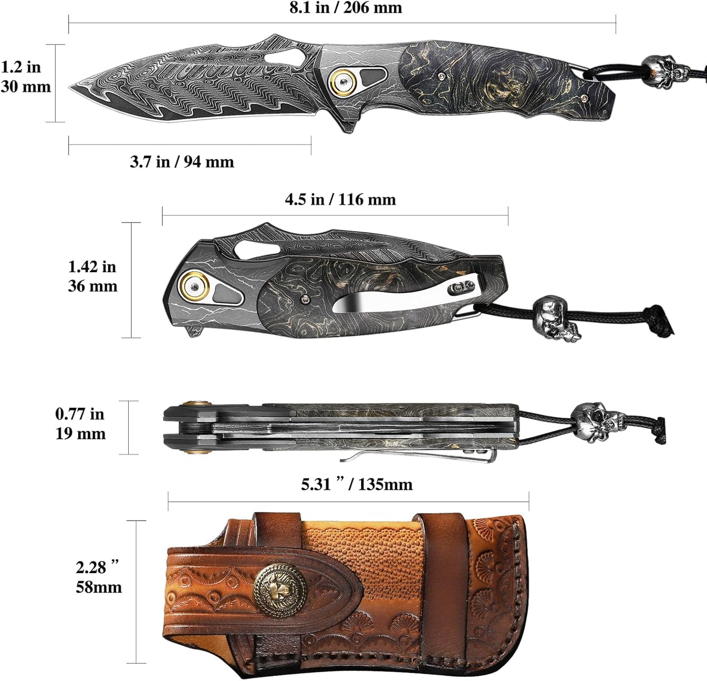 VG10 Damascus Pocket Knife Storm Motif Stabilized Wood Handle