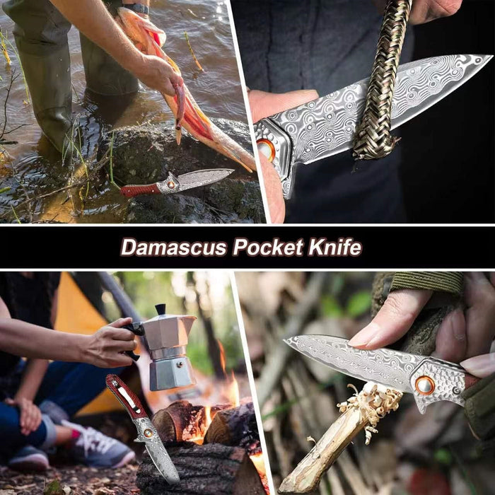 Damascus Pocket Knife Walnut Wood Handle NR30
