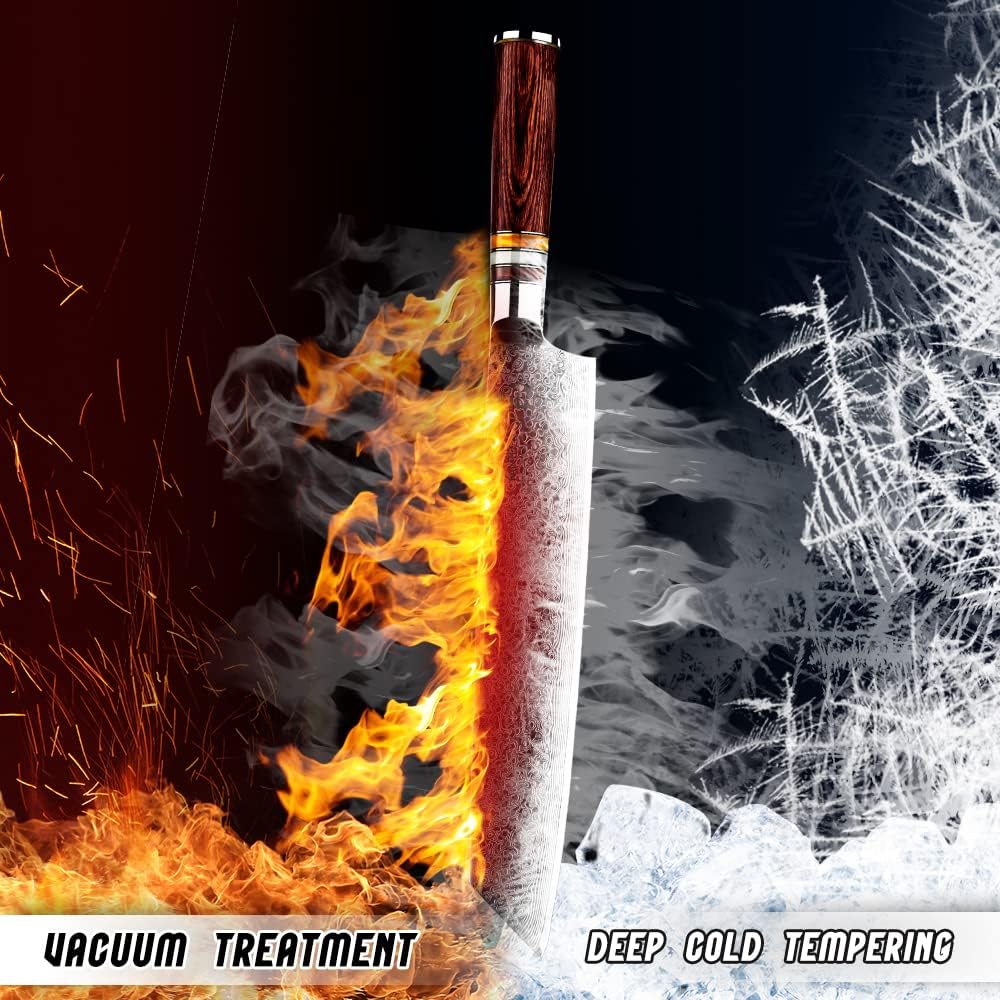 9.5" Engraved Kiritsuke Kitchen Knife Damascus Pakka Wood Handle