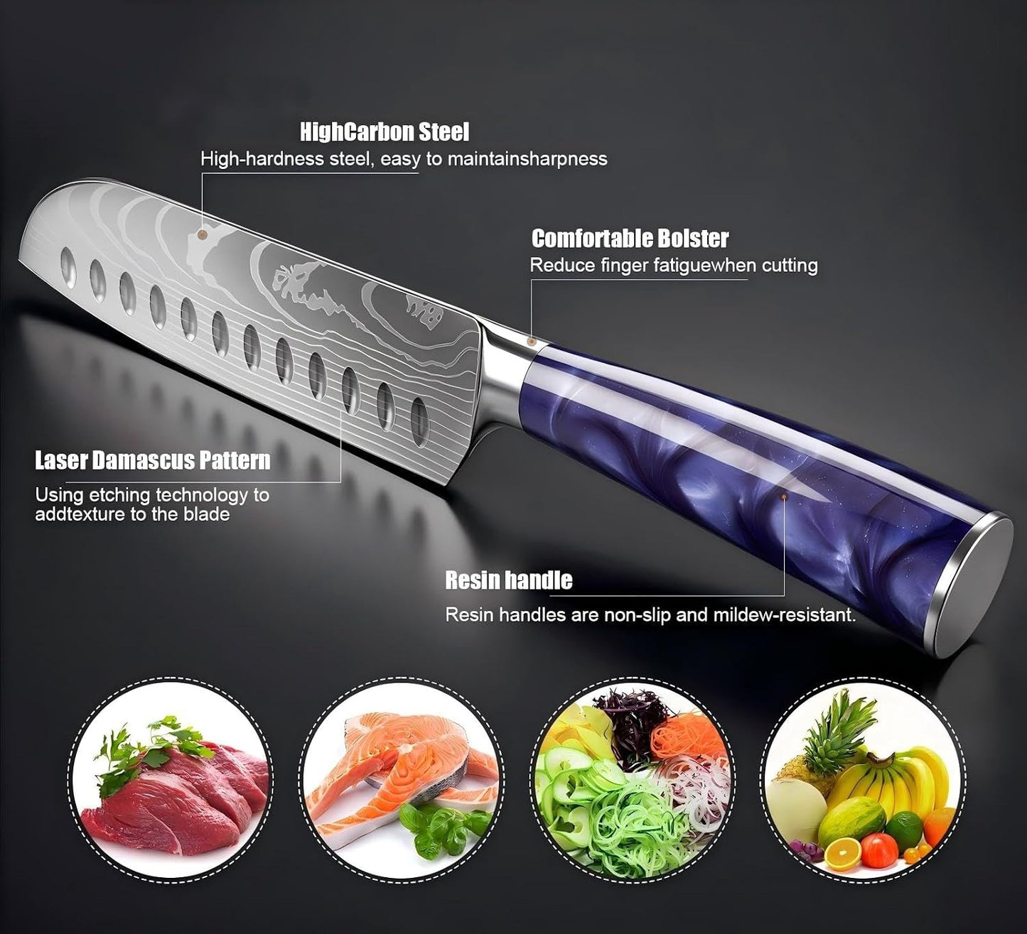 7 Inch Santoku Chef Knife with Purple Resin Handle