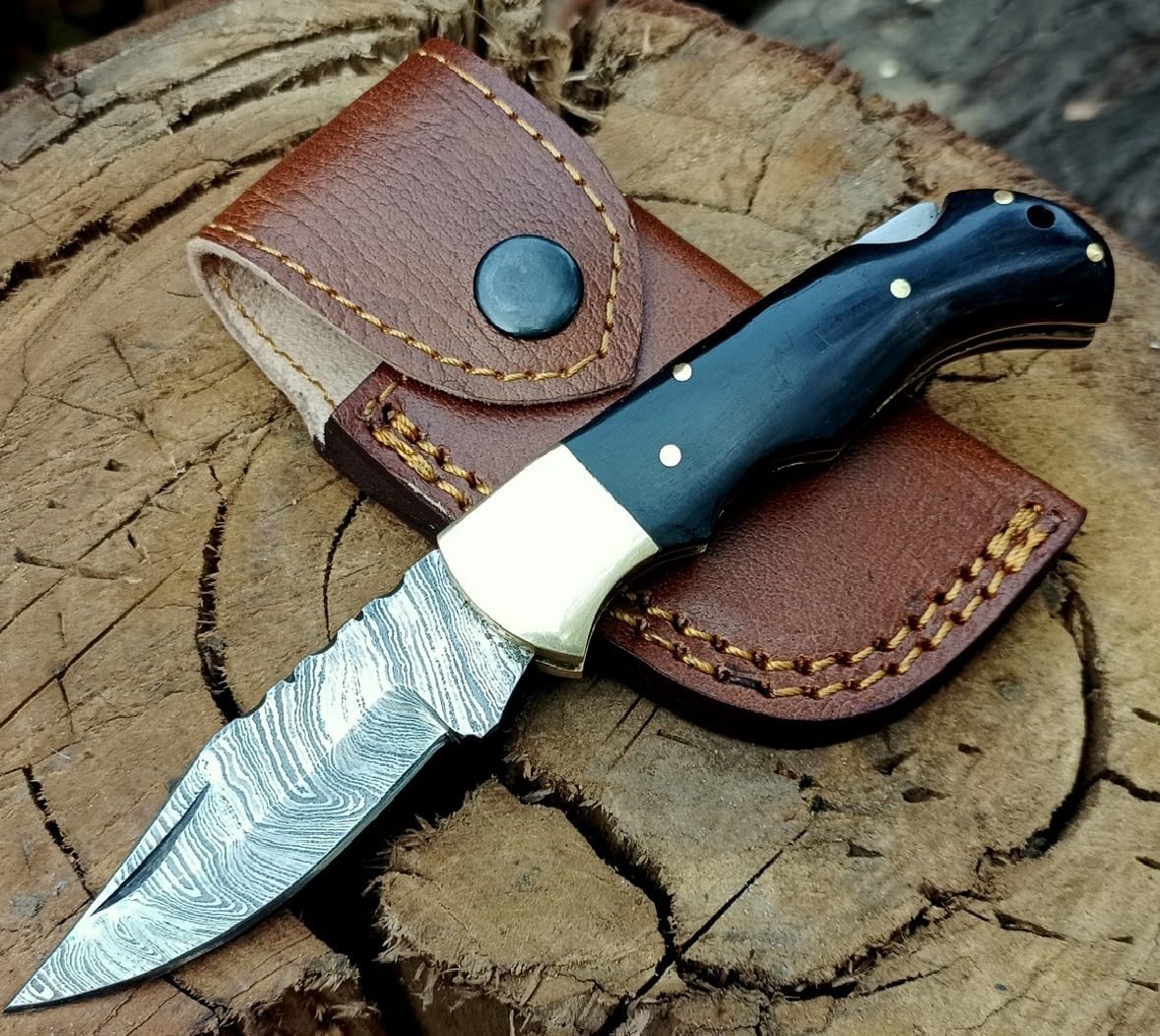 Bull Horn Handle 6.5" Damascus Pocket Knife