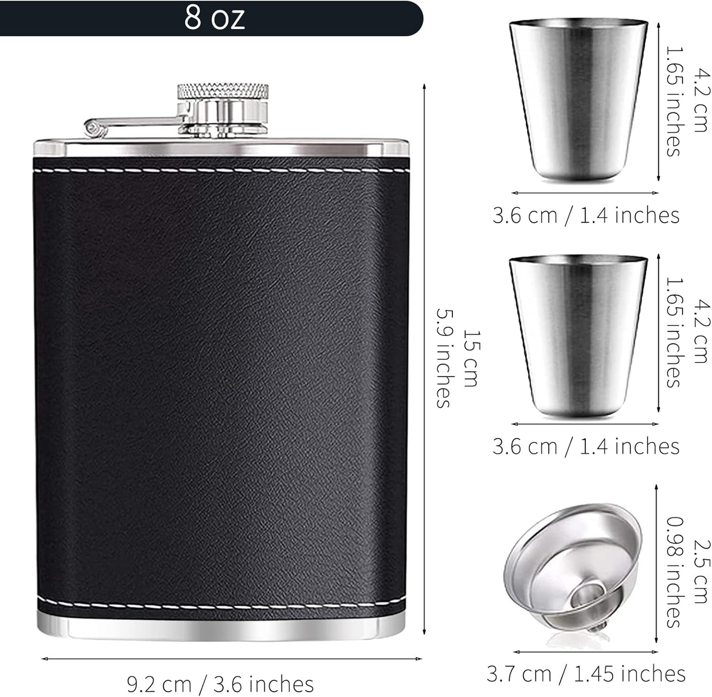 Black Leather 8oz Hip Flask With Funnel & 2 Cups