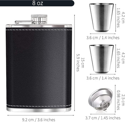 Black Leather 8oz Hip Flask With Funnel & 2 Cups