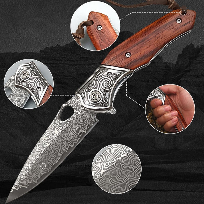 Engraved VG10 Damascus Folding Knife | Personalized Pocket Knife | Rose Wood Handle Knife | Wedding Husband Anniversary Father Gift | NR48