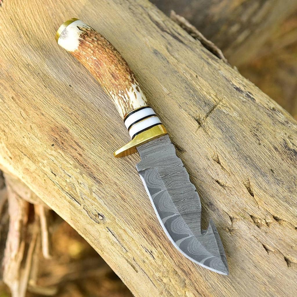 Deer Antler Handle 8.5" Damascus Hunting Knife