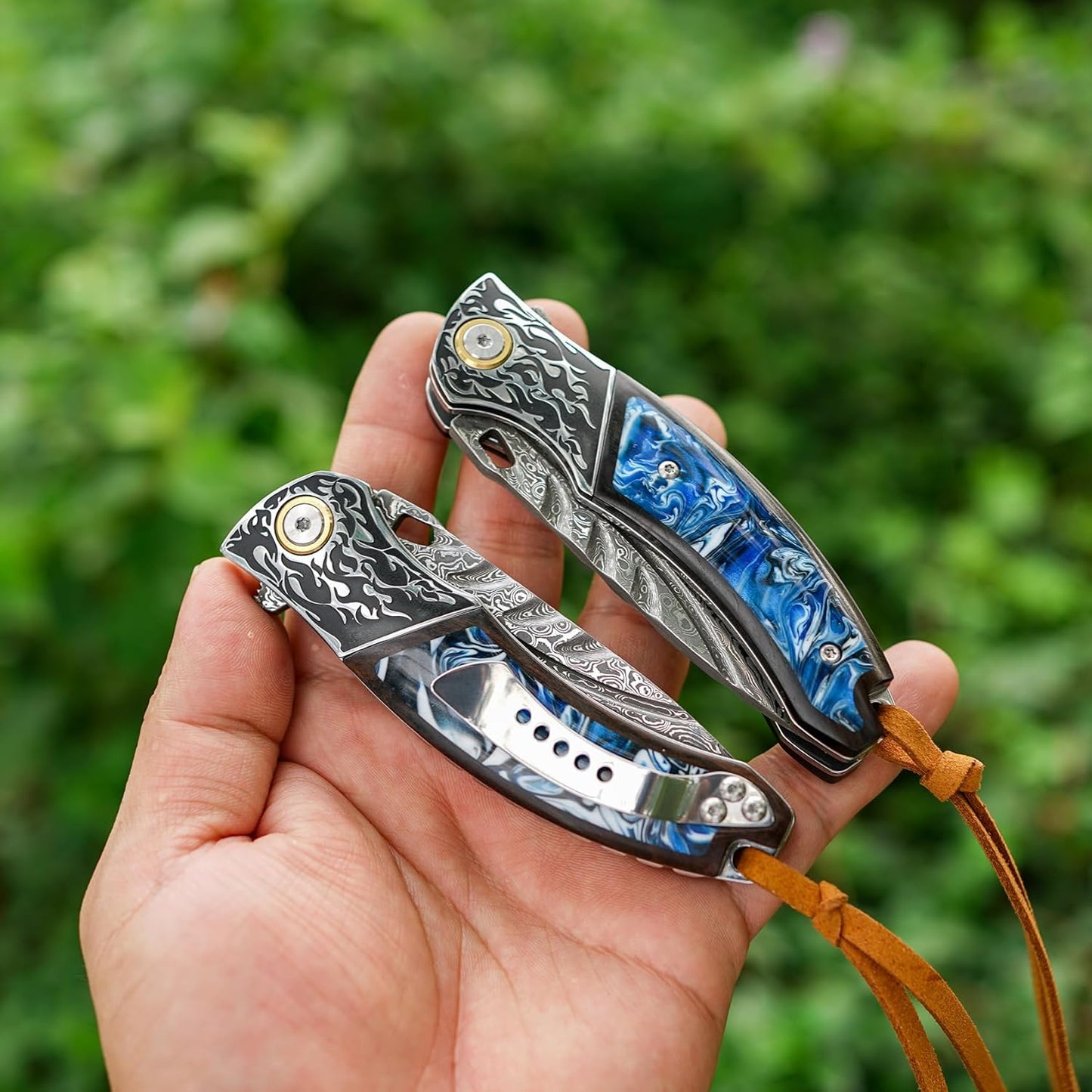 Resin Blue Inlay Damascus Pocket Knife