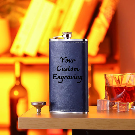 Blue Leather 10oz Hip Flask With Funnel