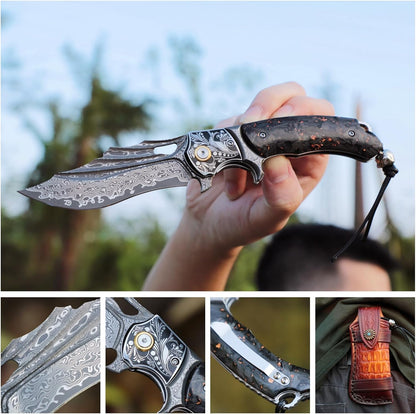 Gold Flake Damascus Pocket Knife Wave Pattern Engraved