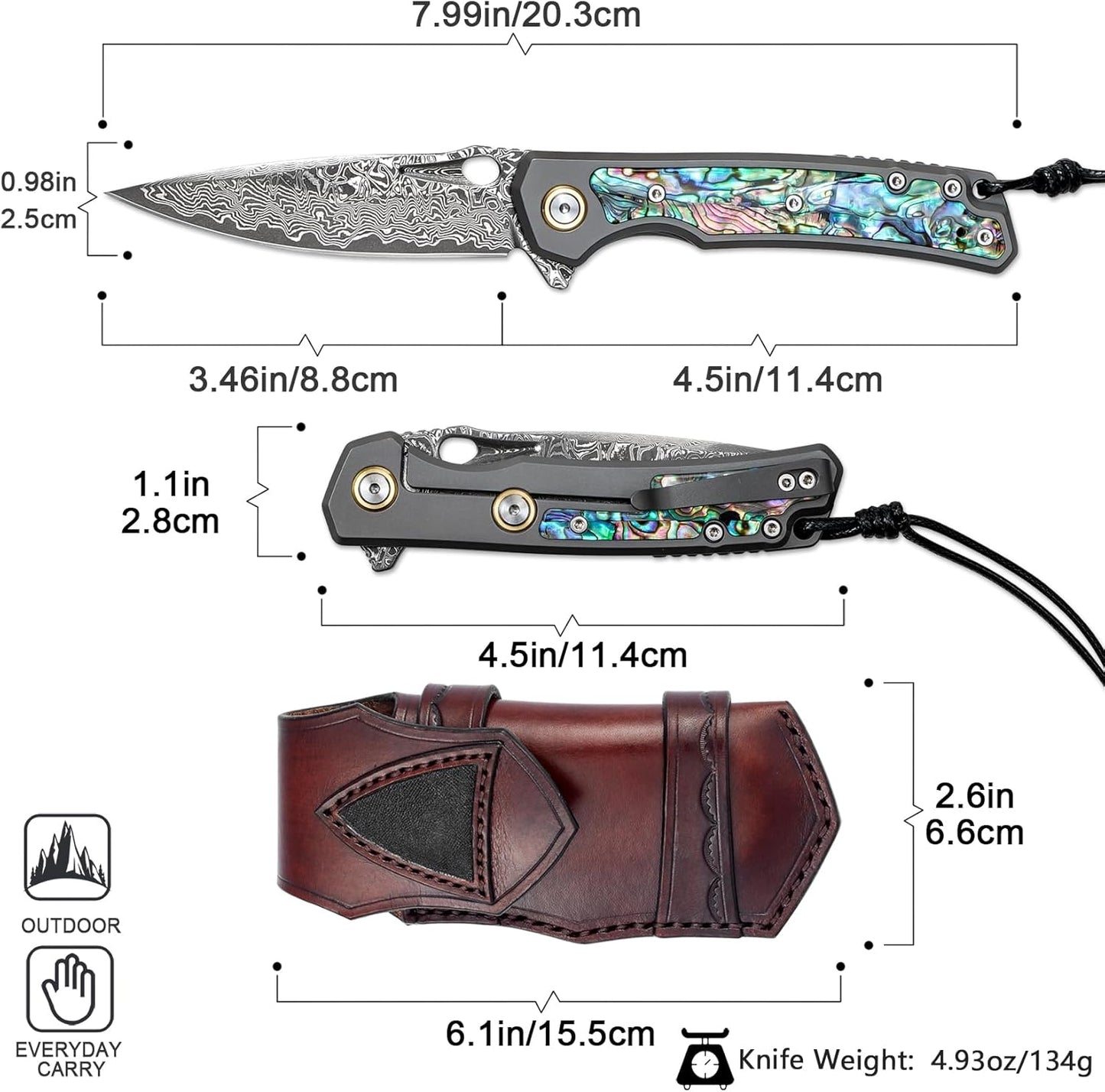 Engraved Damascus Pocket Knife - EDC Folding Knife with Abalone Handle