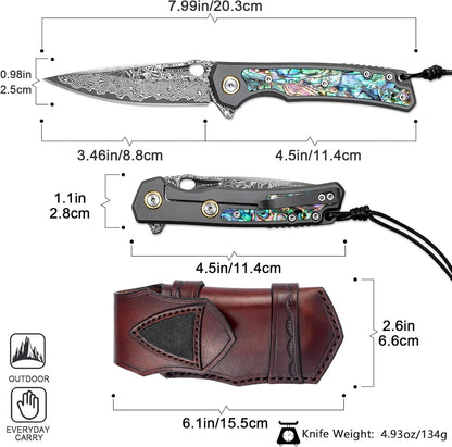 Engraved Damascus Pocket Knife - EDC Folding Knife with Abalone Handle