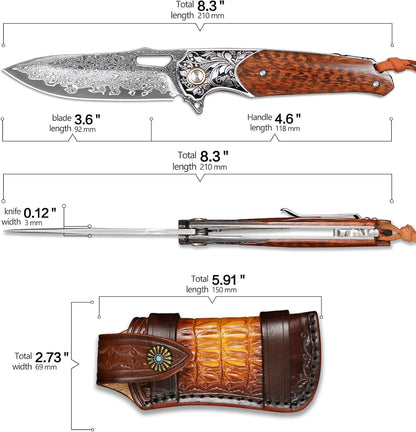 Engraved Damascus Pocket Knife Snake Wood Handle