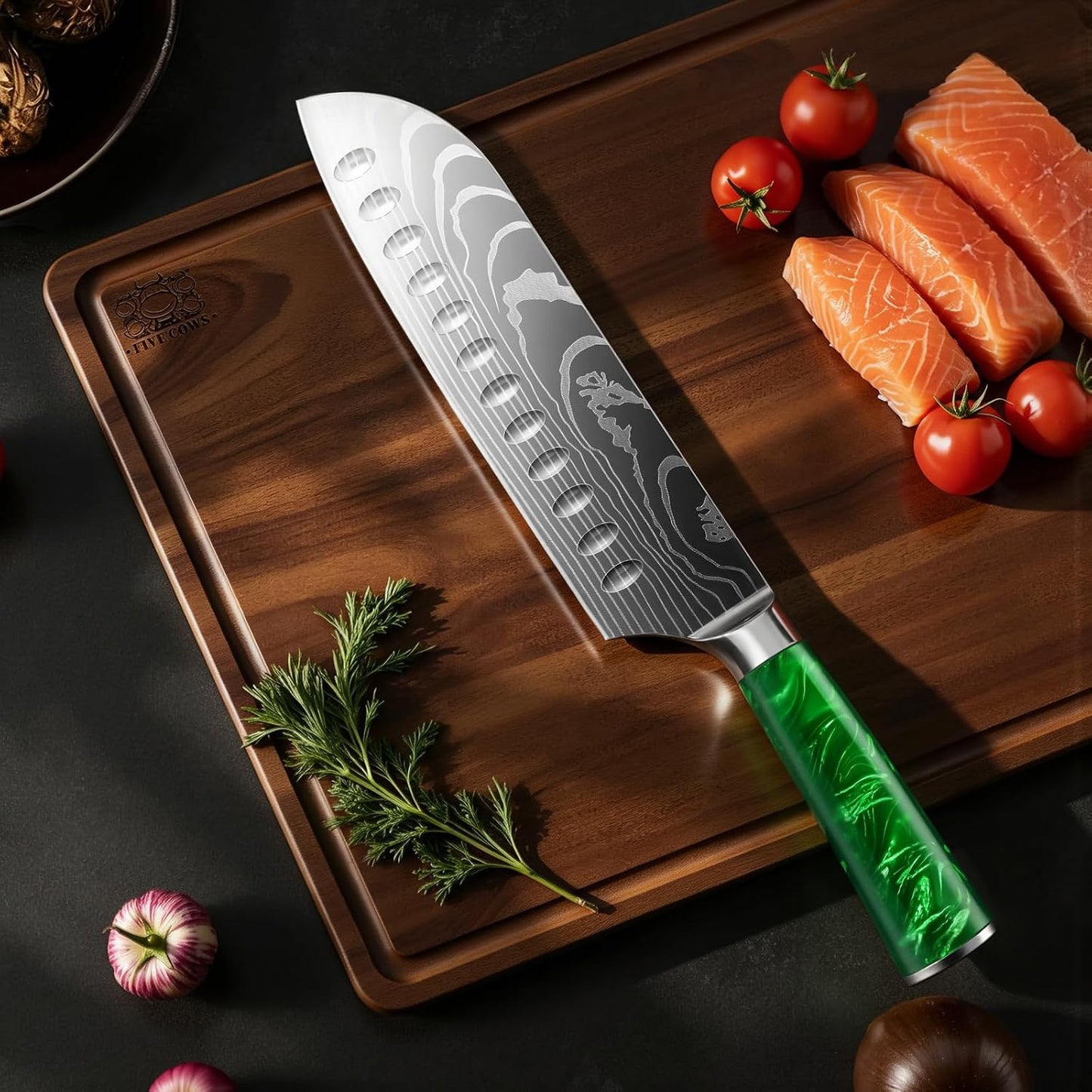 7 Inch Santoku Chef Knife with Green Resin Handle