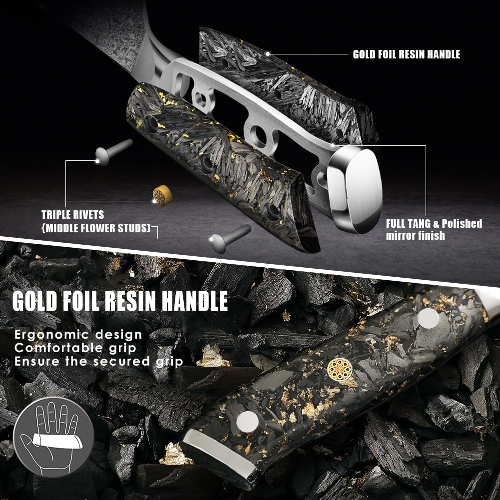 Engraved 8" Damascus Chef Knife Kitchen Gold Flake Resin Handle