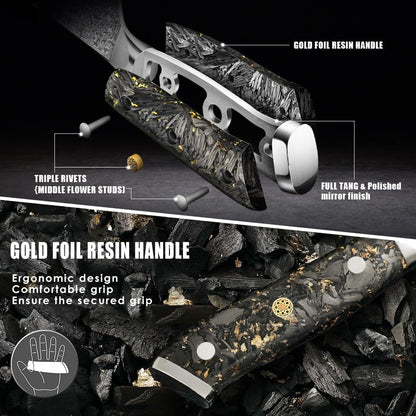 Set of 3 Chef Knives Engraved Damascus 8" Knife Gold Foil Handle