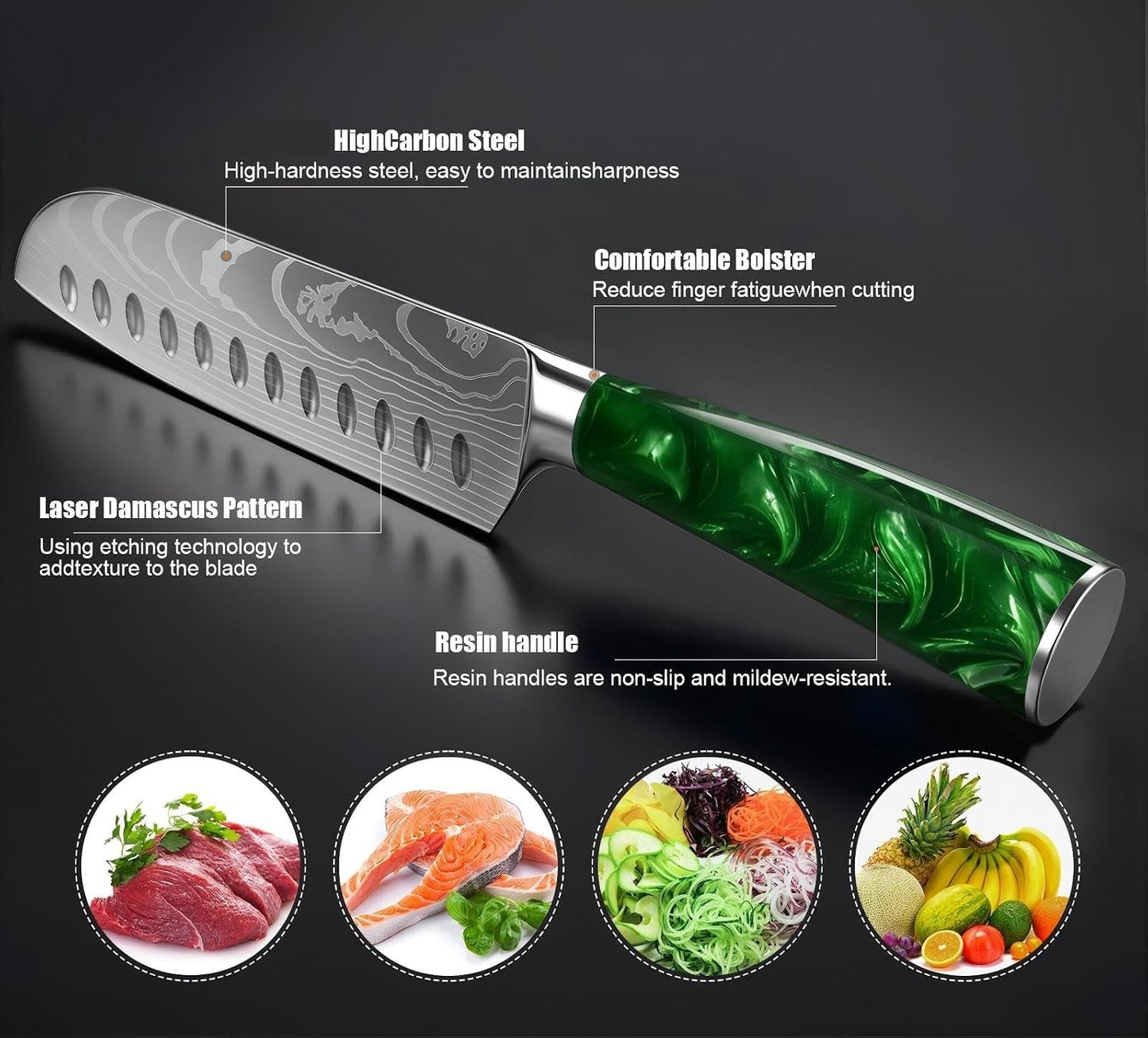 7 Inch Santoku Chef Knife with Green Resin Handle