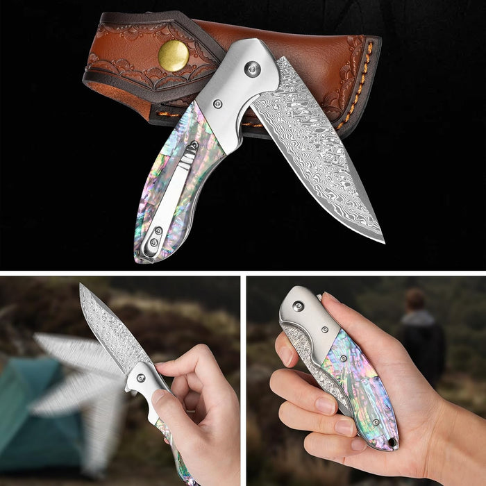 Engraved Damascus Pocket Knife - EDC Folding Knife with Exquisite Abalone Handle - Unique Gift for Him - Husband Boyfriend Dad Gifts NR37
