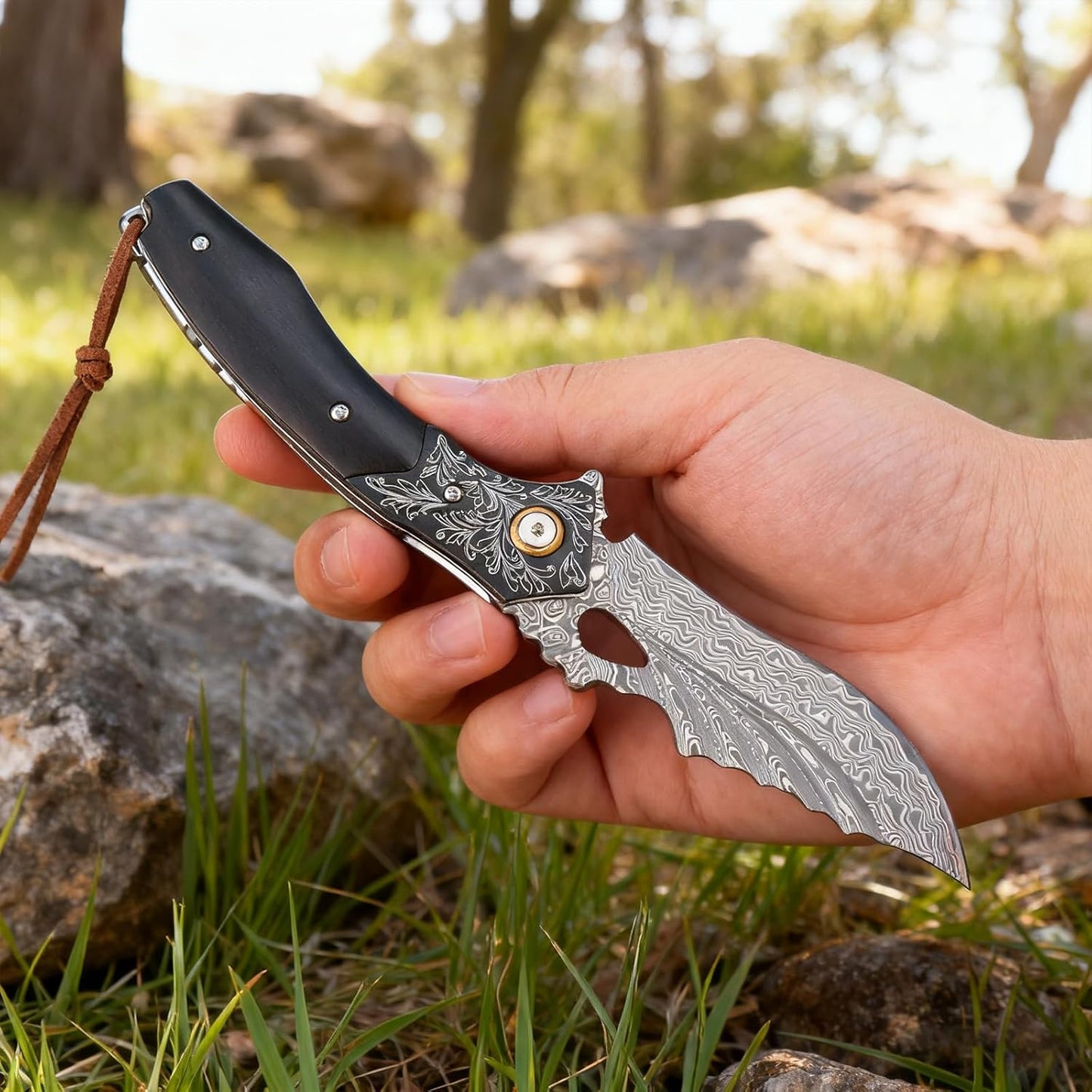 Damascus Folding Knife: Ebony Wood Handle, Engraved Pocket Knife Personalized