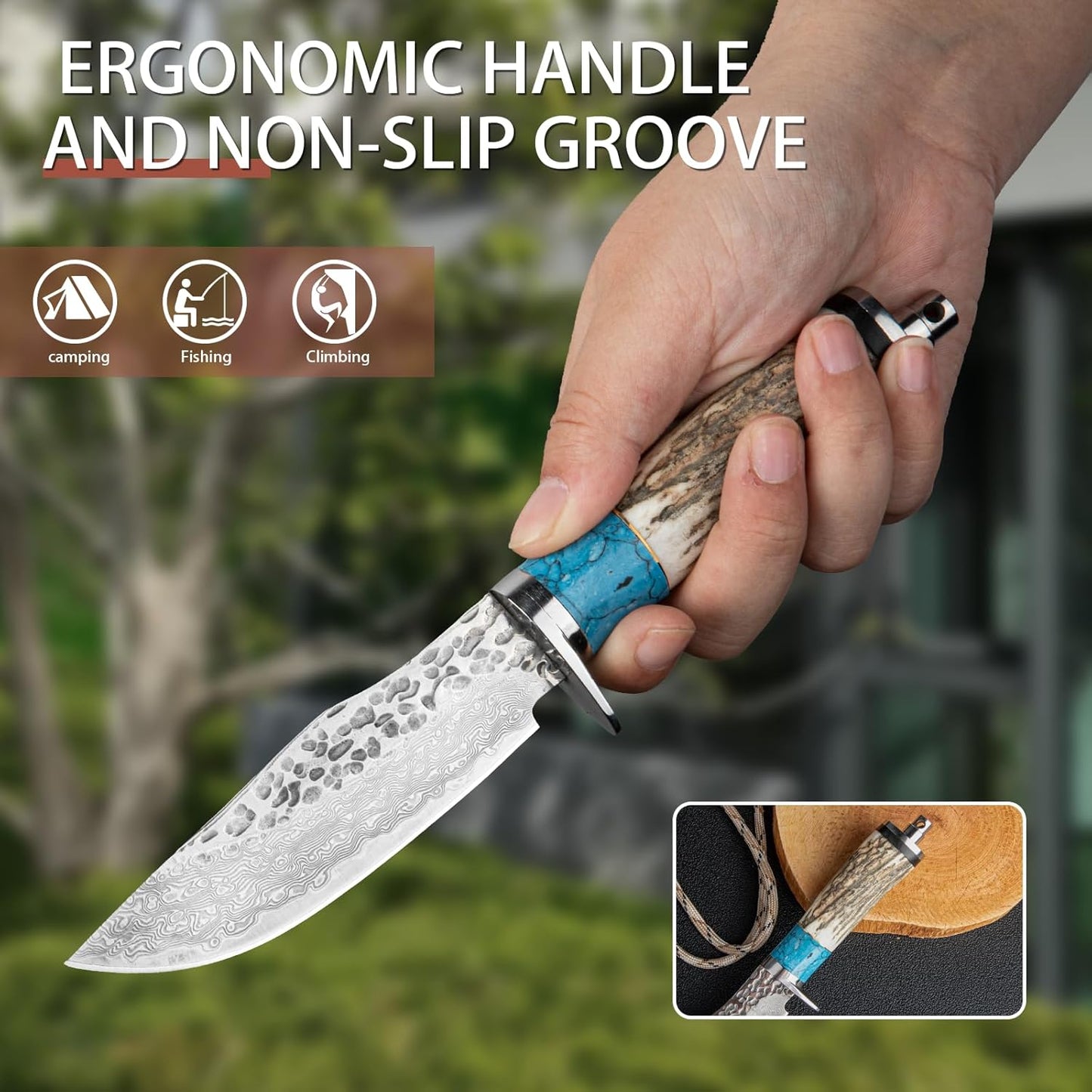 Deer Antler with Turquoise Handle 8" Damascus Hunting Knife
