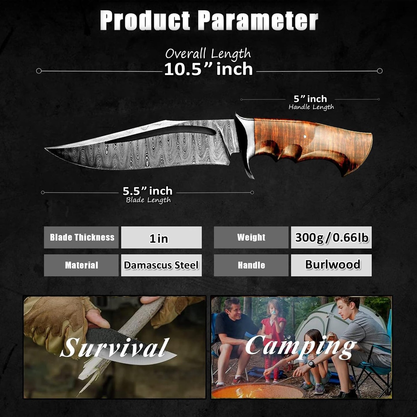 Burlwood Handle Damascus Hunting Knife