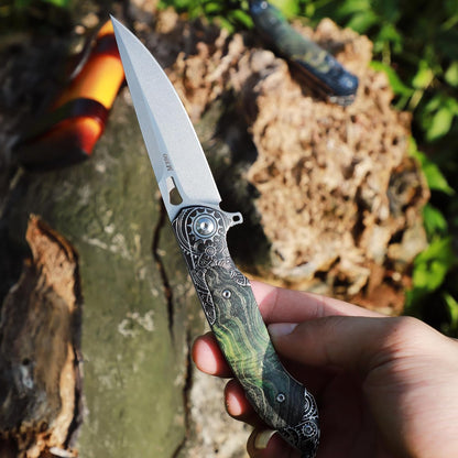 M390 Steel Pocket Knife Green Stable Wood Handle