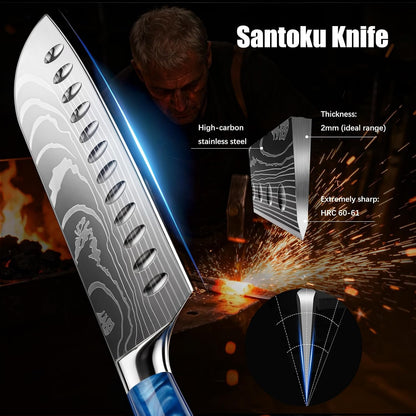 7 Inch Santoku Chef Knife with Blue Resin Handle