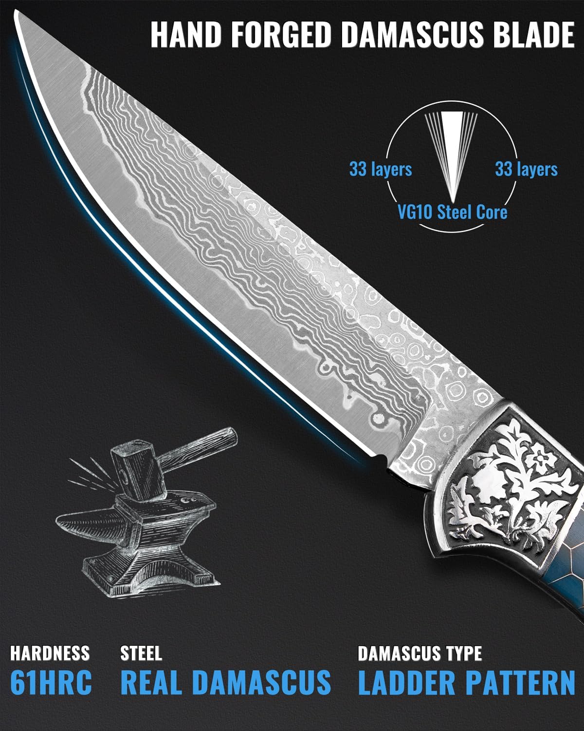 Damascus 8.6" Folding Knife Resin Handle