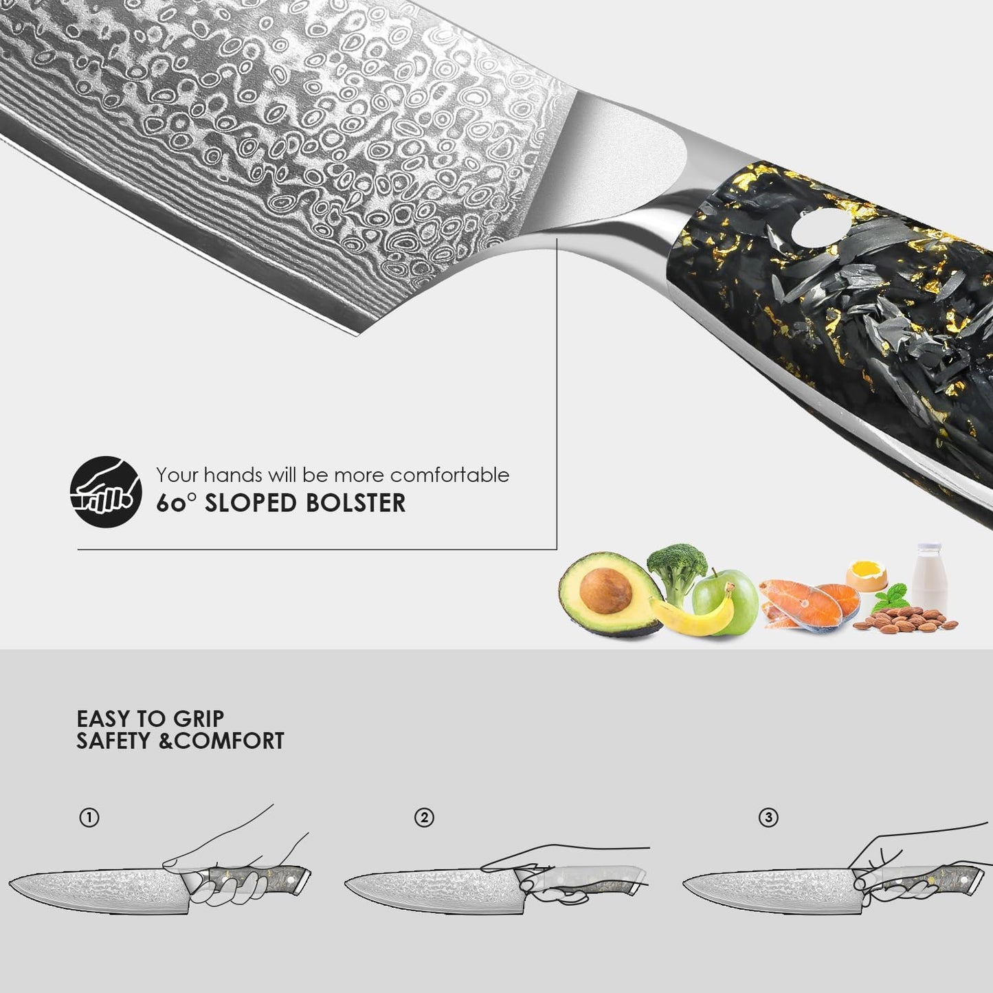 Set of 3 Chef Knives Engraved Damascus 8" Knife Gold Foil Handle