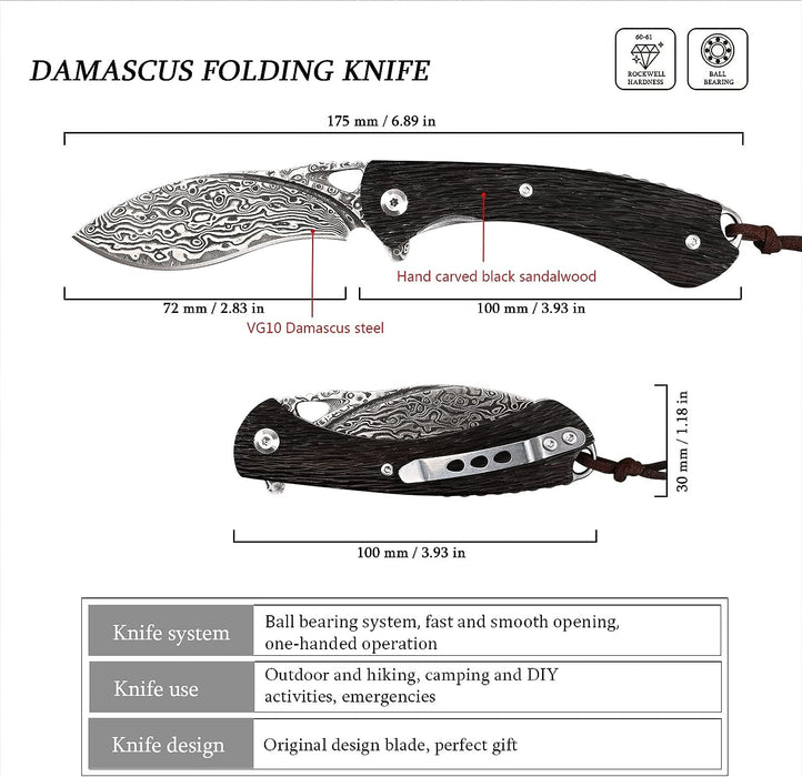 Damascus Folding Pocket Knife Dark Wood Handle NR10 - North Rustic