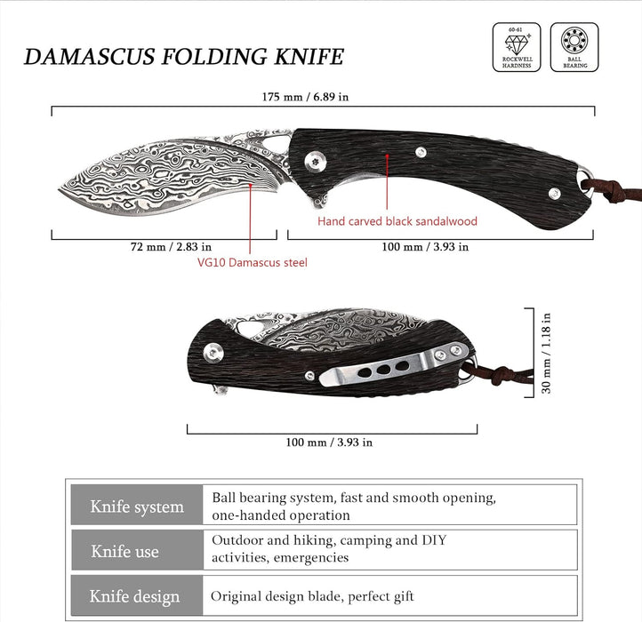 VG10 Damascus Folding Knife Dark Sandalwood Handle NR40
