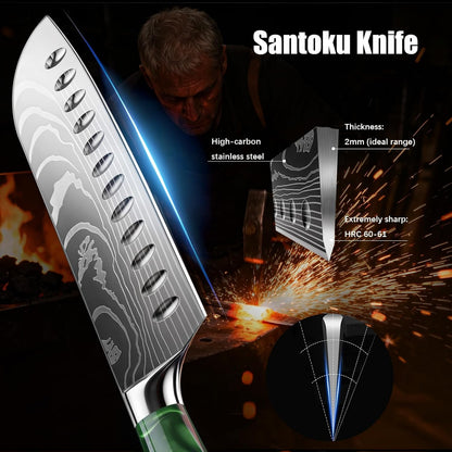 7 Inch Santoku Chef Knife with Green Resin Handle